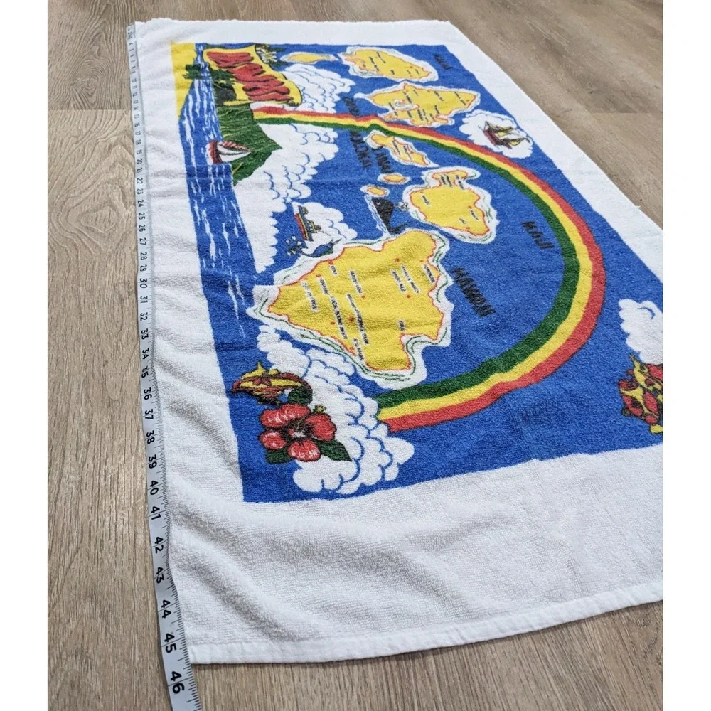 VTG Hawaii Beach Towel Tropical Island Souvenir Destination Rainbow Graphic Map